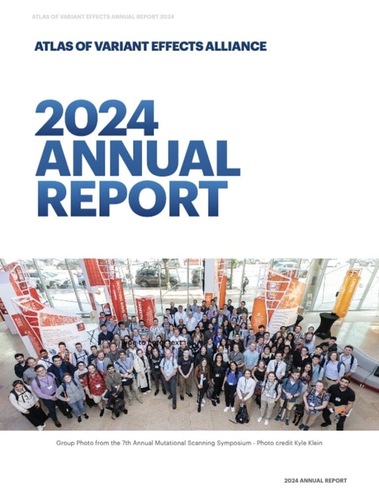 Cover of "2024 Annual Report" for the Atlas of Variant Effects Alliance with a group photo from the 7th Annual Mutational Scanning Symposium. The top portion displays the title in bold blue text against a white background: "ATLAS OF VARIANT EFFECTS ALLIANCE" followed by "2024 ANNUAL REPORT" in large blue letters. Below this, there is a group photo showing numerous people gathered in a spacious, well-lit interior with glass windows and vibrant orange and red banners in the background.
