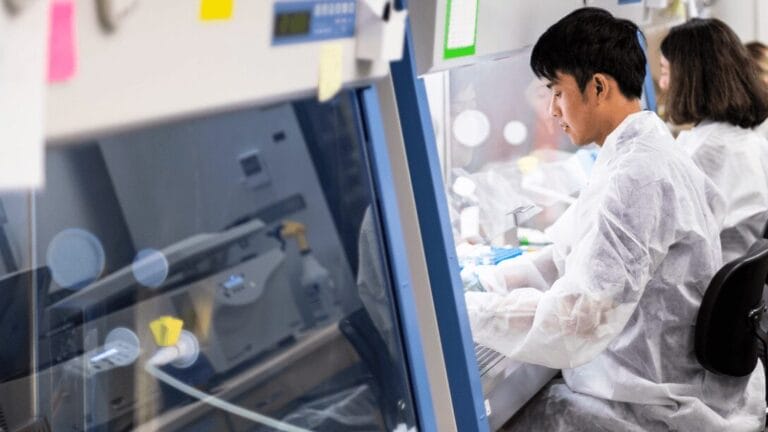 The image shows two individuals wearing white lab coats working in a laboratory. They are seated at a cleanroom workbench with transparent protective glass. The environment appears clean and organized, with soft lighting enhancing the focus on the activity inside the workbench.