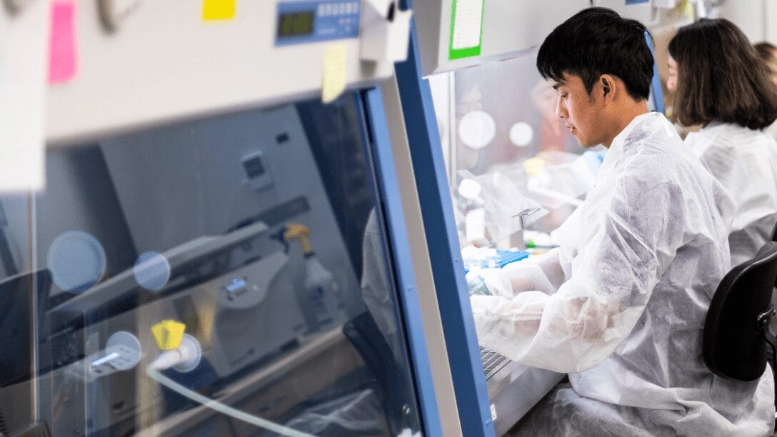 The image shows two individuals wearing white lab coats working in a laboratory. They are seated at a cleanroom workbench with transparent protective glass. The environment appears clean and organized, with soft lighting enhancing the focus on the activity inside the workbench. The image shows two individuals wearing white lab coats working in a laboratory. They are seated at a cleanroom workbench with transparent protective glass. The environment appears clean and organized, with soft lighting enhancing the focus on the activity inside the workbench.